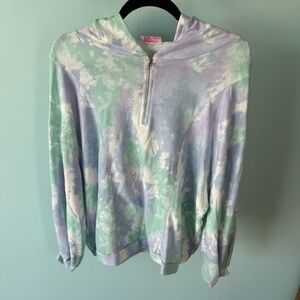 Pink Lily Tie-Dye Hoodie Pull Over with Half-Zip Size Medium Purple Blue Green